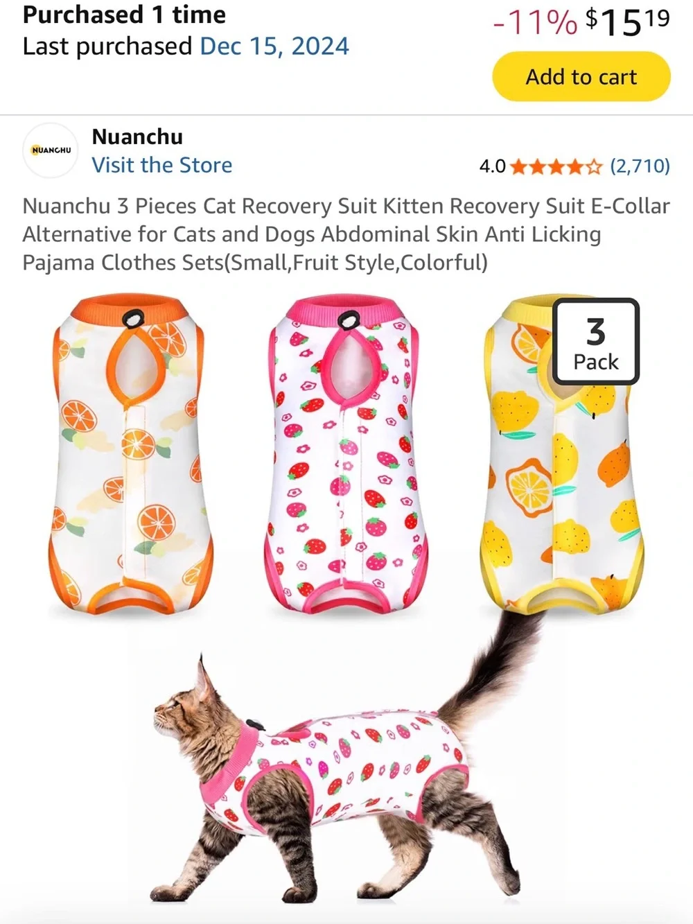 Pink & Orange Fruit-Print Cat Recovery Suit - 3 Pack